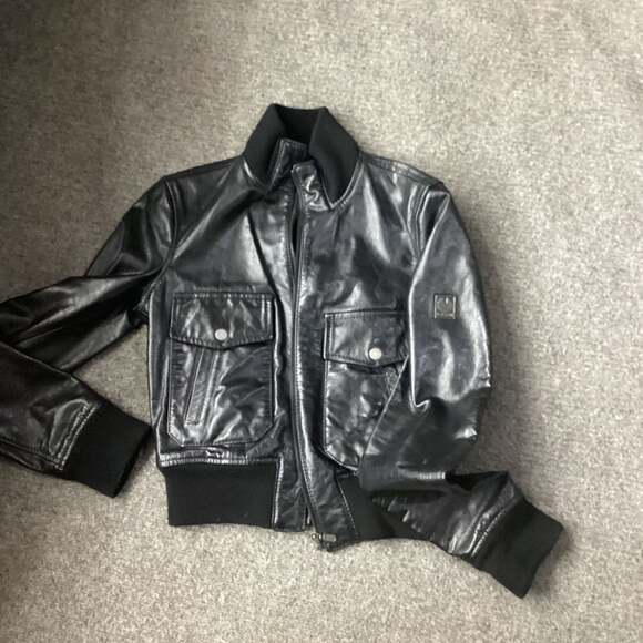 Belstaff Black Leather Bomber Jacket Classic Style Men's